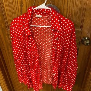Womens button up blouse, Red with white polka dots. From Blair Boutique.